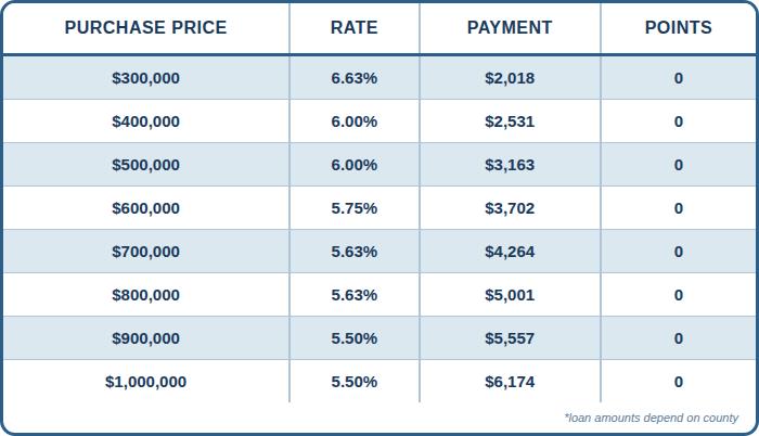 Published 3/1 ARM FHA chart showing purchase prices, interest rates, payments, and points. Contact AREG for an accessible personalized quote and APR.