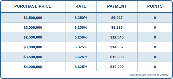 Published Jumbo DSCR chart showing purchase prices, interest rates, payments, and points. Contact AREG for an accessible personalized quote and APR.